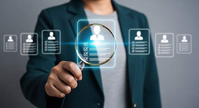 Choose ideal candidates using HR tools with magnifying glass and digital profiles to streamline recruitment process