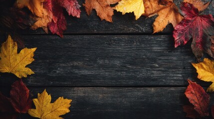 Rustic autumn display featuring vibrant fall leaves arranged atop a textured, weathered wooden surface