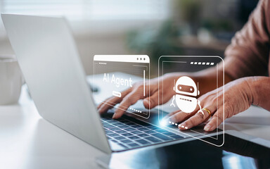 AI Artificial agents with Ai Assistants to create content to Goals, Woman using laptop Technology smart robot AI and workflow chat, and help provide ideas to help in business target