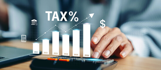Calculation tax return and VAT concept, Business woman using calculator for calculates fill out personal income to pay taxes return form online for tax payment, interest rate with tax and percentage