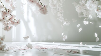 White infinity studio with suspended cherry blossom petals, some drifting to the floor, hazy floral tranquility 