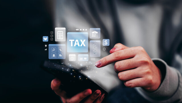 Calculation tax return and VAT concept, woman using smartphone for calculates fill out personal income to pay taxes return form online for tax payment, interest rate with tax and percentage
