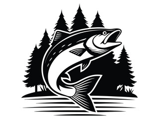 Leaping Salmon in Forest Lake Black and White Fishing Art