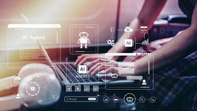 AI Artificial agents with Ai Assistants to create content to Goals, Woman using laptop Technology smart robot AI and workflow chat, and help provide ideas to help in business target