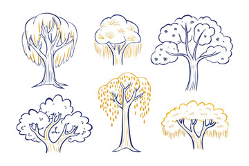 Botanical Sketches: An artistic composition of six unique tree illustrations showcases the diversity and beauty of nature's arboreal architecture.