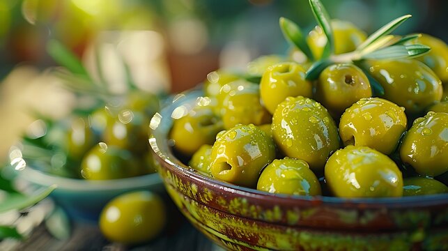 Fresh vibrant green olives glistening with water droplets in rustic bowls ready for appetizers