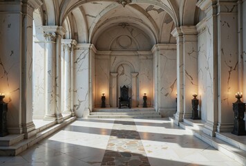 Fototapeta premium A grand, sunlit hall with high ceilings and marble walls features an arched doorway leading to a thronelike chair in the center, flanked by tall, ornate columns and lit by candle holders