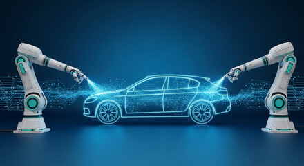 Futuristic car manufacturing with robotic arms and digital blueprint, representing advanced automation and innovation in the automotive industry