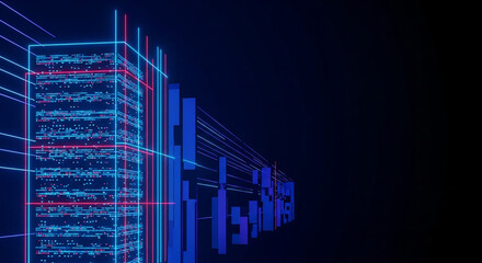 Abstract futuristic data server network technology with glowing blue and red lines on a dark background, representing digital information processing and cyber infrastructure