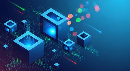 Abstract futuristic digital data network with glowing geometric shapes and particles, representing technology, information processing, and innovation