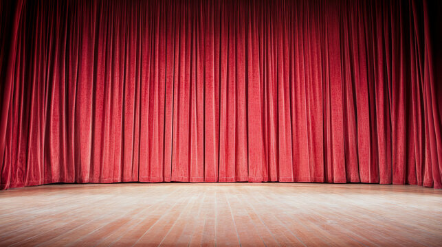 Dramatic closed red velvet theater curtains backdrop an empty wooden stage, creating an atmosphere of anticipation before a grand performance.