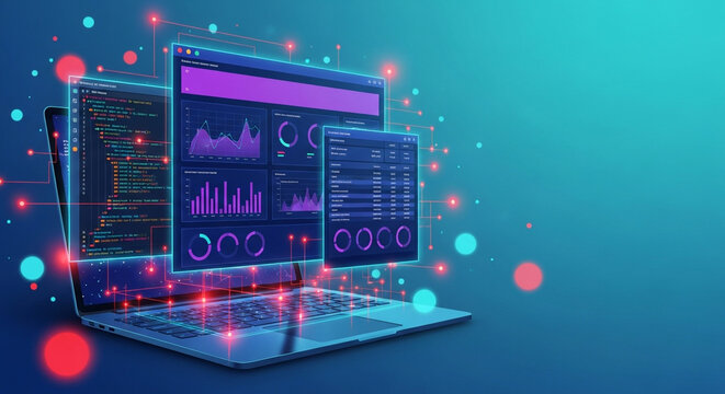 Laptop displaying multiple screens with colorful data analytics charts and graphs, representing digital business intelligence and technological advancement