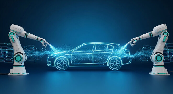 Futuristic car manufacturing with robotic arms and digital blueprint, representing advanced automation and innovation in the automotive industry