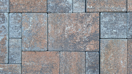 Patterned brick pavement with rustic textured stones in earthy tones