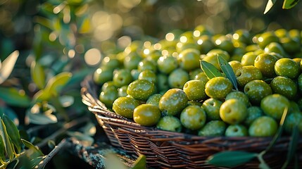 Harvested olives in rustic basket ready for pressing, conveying natural flavor and Mediterranean essence