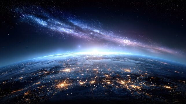 Earth At Night With City Lights And Milky Way