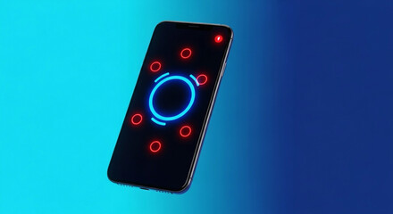 Futuristic smartphone with glowing neon interface and circular patterns on a gradient blue background, representing advanced technology and digital communication