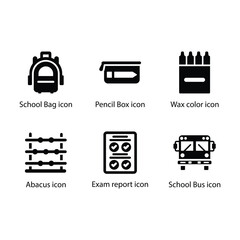 School Bag, Pencil Box, Wax color, Abacus, Exam report, School Bus, icon