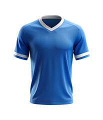 Photo of blue shortsleeved tshirt with white collar and sleeve trim, isolated on transparent background