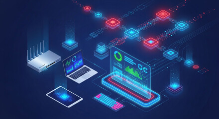 Digital network and data flow illustration with interconnected devices like laptops, tablets, and routers, symbolizing modern technology and information exchange