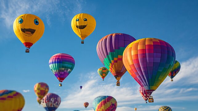 Fun and Whimsical Colorful Hot Air Balloons with Emoji Faces Floating in the Sky - Powered by Adobe