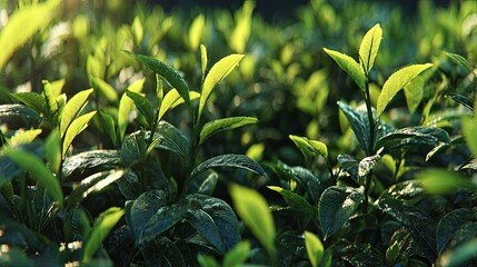 Close Up Lush Tea Plants Under Morning Sun