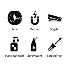Tape, Magnet, Stapler, Hand sanitizer, Spray paint, Screwdriver, icon
