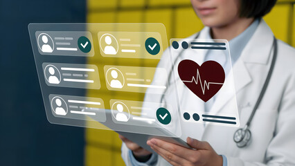 Doctor using tablet with patient data and heart rate icon in a futuristic interface display screen