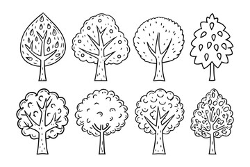 Hand-drawn Tree Collection: a diverse collection of artistic hand-drawn trees showcasing variety of stylized trees and forms, ideal for illustrative projects. 