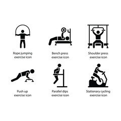 jumping exercise, Bench press, Shoulder press, Push up, Parallel dips, Stationary cycling, icon