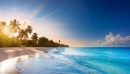 serene tropical beach at sunset ocean waves crashing on golden sands