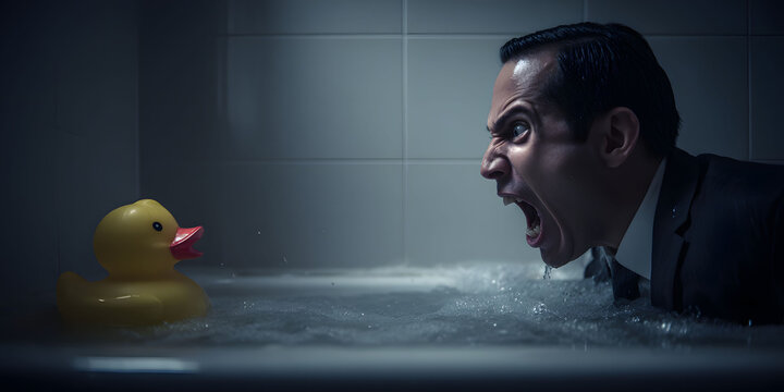 Angry Man in Suit Submerged in Bathtub with Yellow Rubber Duck - Powered by Adobe