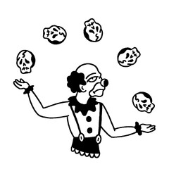 A vintage drawing of a clown juggling skull heads