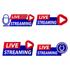 Streaming label icon. Live broadcast vector. Red blue text. Podcast mic symbol. EPS 10.