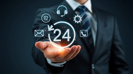 Businessman displaying 24 hour customer service icons and symbols representing support and communication