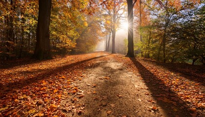 sunlit shadows dance over fallen leaves scattered on a dirt path capturing the essence of a tranquil autumn day