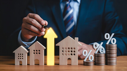 Businessman placing a glowing yellow arrow on a wooden house symbolizing real estate growth and investment success