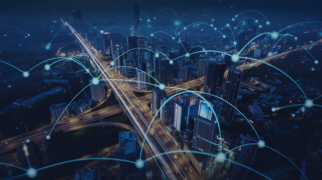 Abstract futuristic cityscape with glowing digital network connections and a violin overlay symbolizing music technology