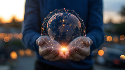 Fototapeta premium Person holding a glowing crystal ball with a digital network overlay against a blurred city background at dusk