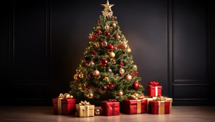 elegant christmas tree adorned with red and gold gift boxes against a dark background