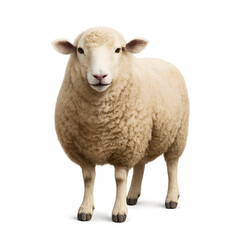 Frontal view of a fluffy sheep with a pink nose and dark eyes