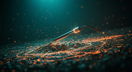 Futuristic probe analyzing a digital terrain of glowing particles. Abstract concept for big data exploration, CRM, and network analysis.