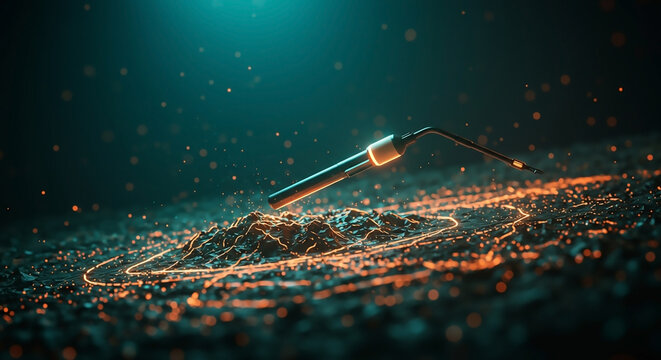 Futuristic probe analyzing a digital terrain of glowing particles. Abstract concept for big data exploration, CRM, and network analysis.