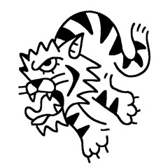 Black and white retro-style tiger tattoo flash illustration