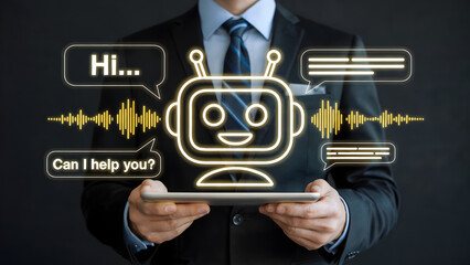 Man in suit holding tablet with robot chat bot and speech bubbles as digital assistant concept