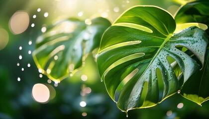 a lush vibrant scene of monstera leaves glistening with raindrops against a soft bokeh filled green background