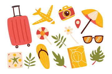 Journey Essentials: An artistic arrangement of travel essentials, embodying the spirit of adventure with a vibrant illustration of vacation elements.