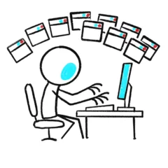 Minimalist stick figure opens dozens of browser tabs while working at a computer. A humorous black-and-white drawing with red and blue accents showing digital multitasking overload. © KSEN