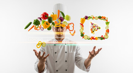 Chef preparing vibrant culinary video tutorial with fresh vegetables creating play button animation and digital loading bar progress