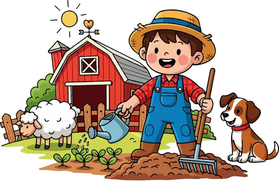 Cute Cartoon Boy with Cow on the Farm Holding a Rope and Smiling

